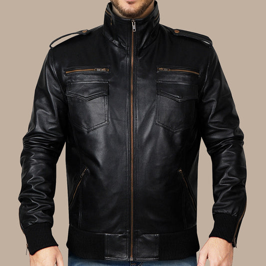 Mens Black Classic Pure Leather Bomber Jacket - Fashion Leather Jackets USA - 3AMOTO