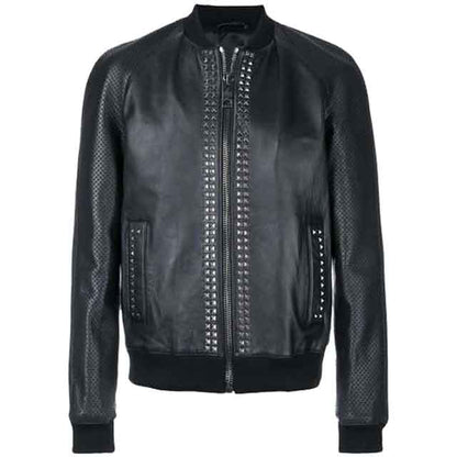 Mens Black Designer Metal Studded Bomber Jacket