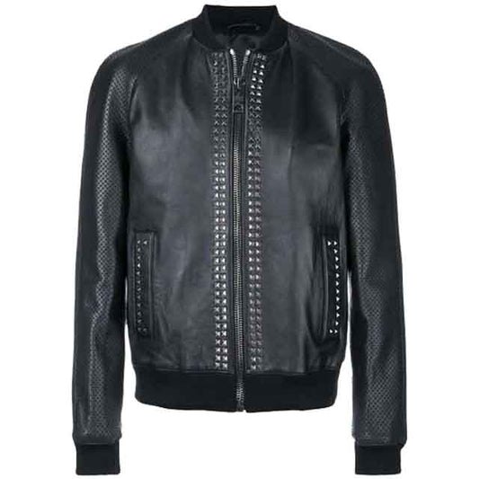 Mens Black Designer Metal Studded Bomber Jacket - Fashion Leather Jackets USA - 3AMOTO