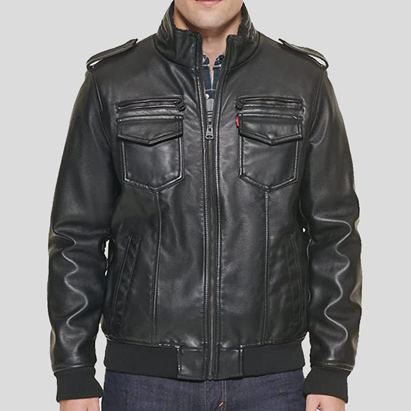 Mens Black Faux Leather Sherpa Aviator Bomber Jacket