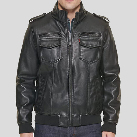 Mens Black Faux Leather Sherpa Aviator Bomber Jacket - Fashion Leather Jackets USA - 3AMOTO