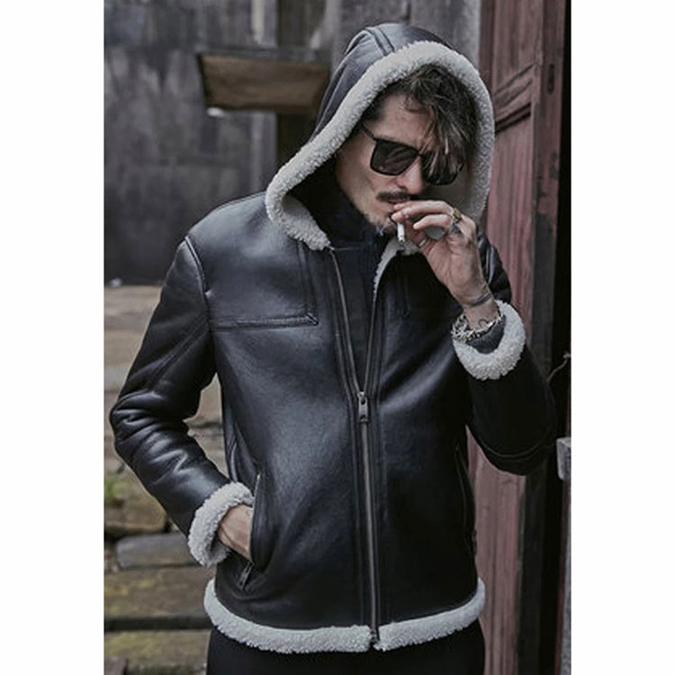 Mens Black Fur Hoodie Jacket Shearling Coat