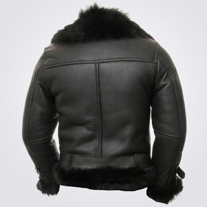 Men's Black Fur Leather Bomber Jacket