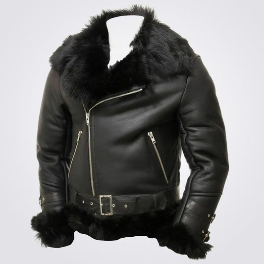 Men's Black Fur Leather Bomber Jacket - Fashion Leather Jackets USA - 3AMOTO