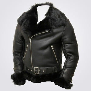 Men's Black Fur Leather Bomber Jacket