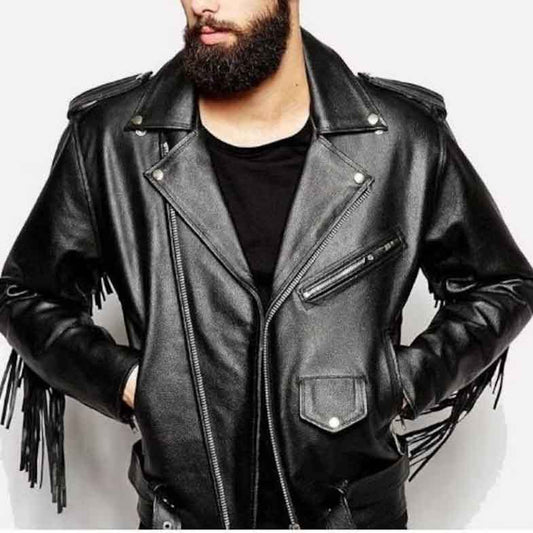 Mens Black Genuine Leather Tassel Biker Jacket - Fashion Leather Jackets USA - 3AMOTO