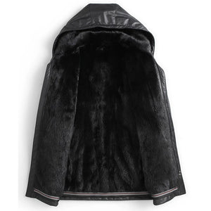 Men's Black Lambskin Fur Leather Hooded Coat