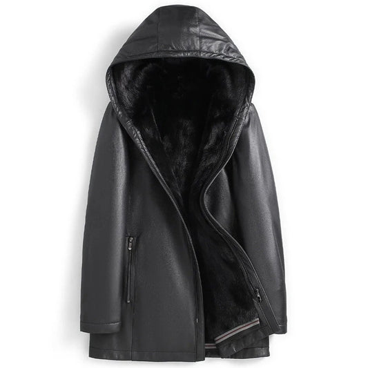 Men's Black Lambskin Fur Leather Hooded Coat - 3amoto shop