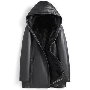 Men's Black Lambskin Fur Leather Hooded Coat