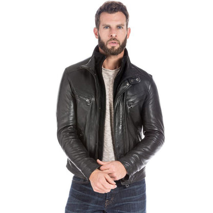 Mens Black Lambskin Leather Sports Jacket Front