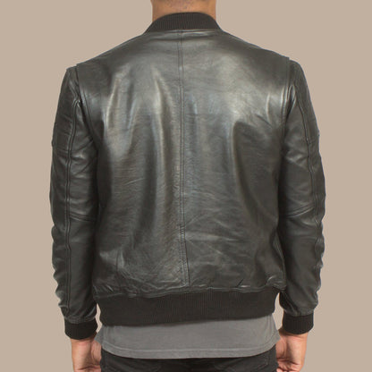 Mens Black Lambskin Leather Stylish Bomber Jacket Back