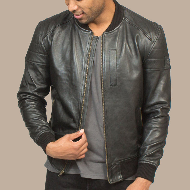 Mens Black Lambskin Leather Stylish Bomber Jacket