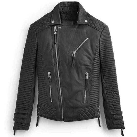 Mens Black Leather Biker Jacket with Pattern - Fashion Leather Jackets USA - 3AMOTO