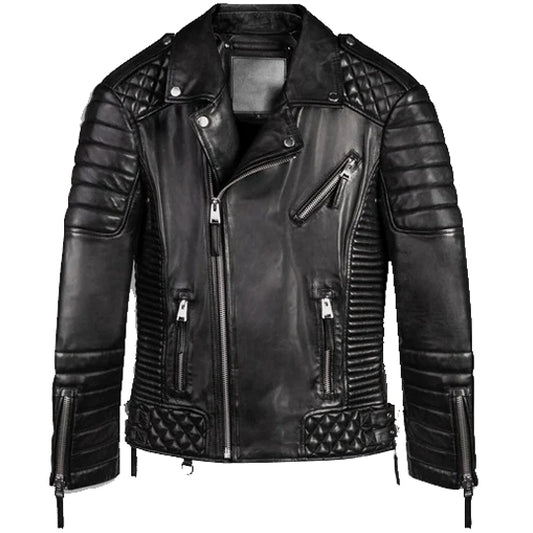 Mens Black Leather Biker Jacket with Quilted Style - Fashion Leather Jackets USA - 3AMOTO