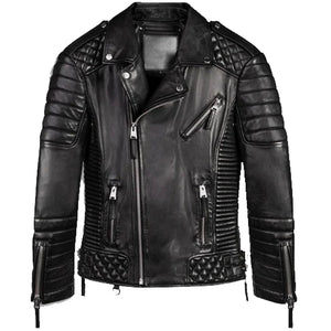 Mens Black Leather Biker Jacket with Quilted Style