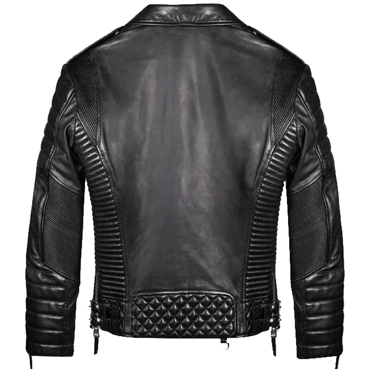 Mens Black Leather Biker Jacket with Quilted Style Mens Black Leather Biker Jacket with Quilted Style