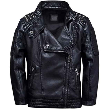 Mens Black Leather Motorcycle Jacket with Shoulder Studded