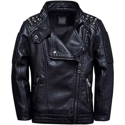 Mens Black Leather Motorcycle Jacket with Shoulder Studded - 3amoto shop