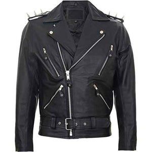 Mens Black Leather Motorcycle Jacket with Spikes Lapels
