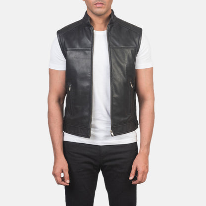 Mens Black Leather Motorcycle Vest