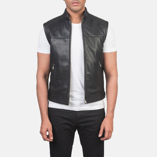 Mens Black Leather Motorcycle Vest - 3amoto shop