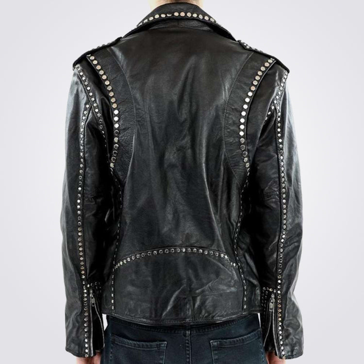 Genuine Black Leather Biker Studded Chain Style Jacket - Maker of Jacket