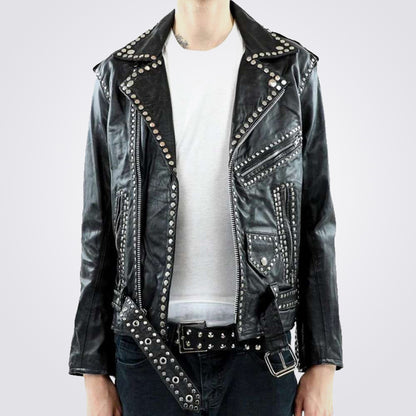 Men's Black Leather Party Jacket with Studs