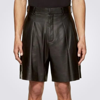 Men's Black Leather Pleated Shorts