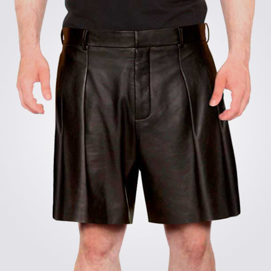 Mens Black Leather Pleated Shorts - 3amoto shop