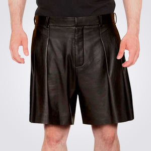 Mens Black Leather Pleated Shorts