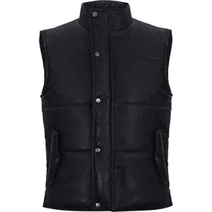 Mens Black Leather Puffer Padded Vest Waistcoat Leather Vests For Men