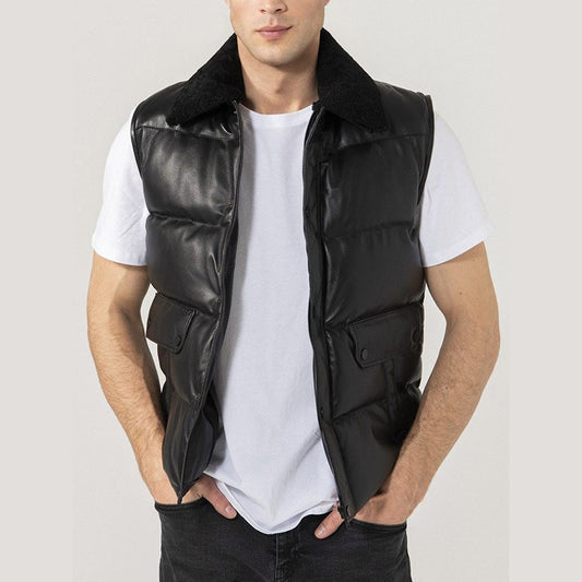 Mens Black Leather Puffer Vest - Fashion Leather Jackets USA - 3AMOTO