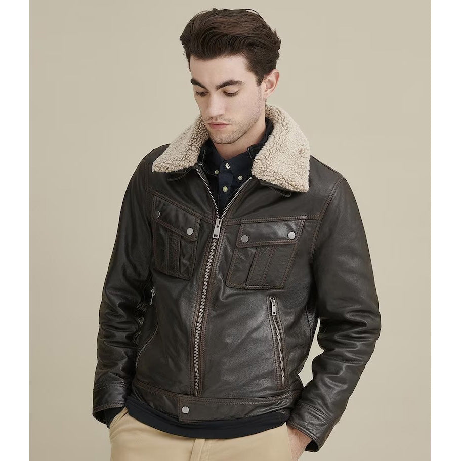 Men's Black Leather Shearling Collar Jacket