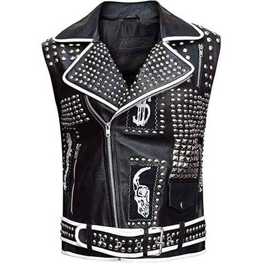 Mens Black Leather Studded Biker Vest - Fashion Leather Jackets USA - 3AMOTO