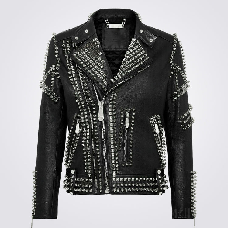 Mens Black Multi Full Silver Studded Punk Brando Cowhide Leather Jacket