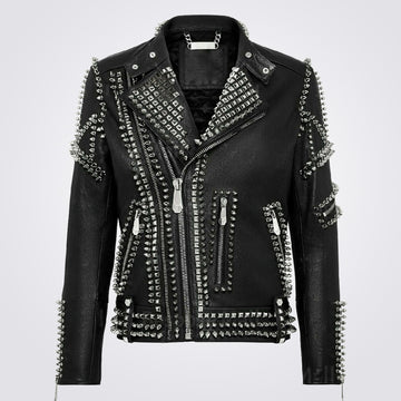 Studded Leather Jacket | Black Punk Studded Leather Biker Jacket for Mens |  Spike Studded Motorycle Black Leather Jacket at  Men’s Clothing