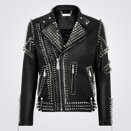 Mens Black Multi Full Silver Studded Punk Brando Cowhide Leather Jacket - Fashion Leather Jackets USA - 3AMOTO