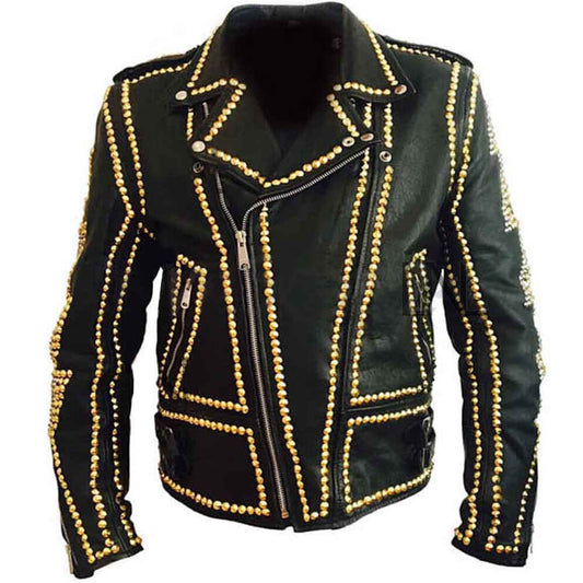 Mens Black Punk Gold Long Spiked Studded Leather Jacket - Fashion Leather Jackets USA - 3AMOTO