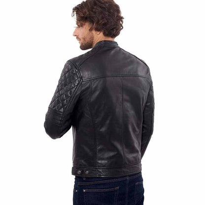 Mens Black Quilted Leather Biker Jacket Back