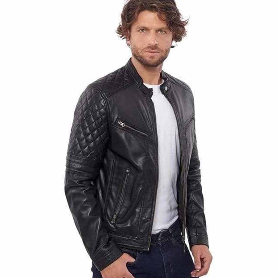 Mens Black Quilted Leather Biker Jacket Side