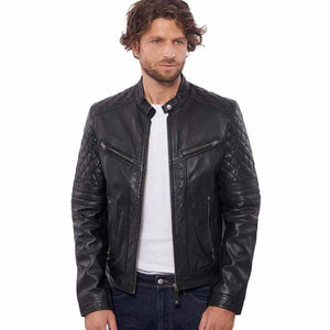 Mens Black Quilted Leather Biker Jacket