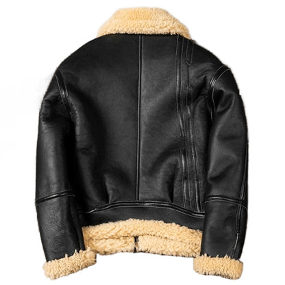 Mens Black Retro Winter Style Sheepskin Shearling Fur Leather Jacket Coat