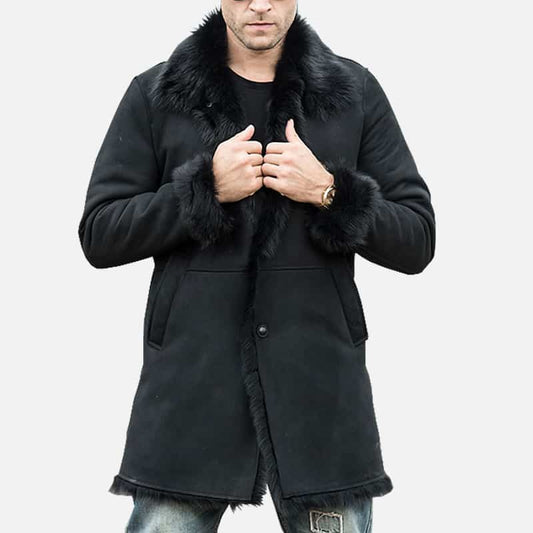 Men’s Black Shearling Fur Leather Trench Coat with Hood - Fashion Leather Jackets USA - 3AMOTO