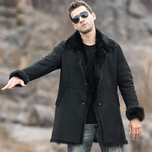 Mens Black Shearling Fur Leather Trench Coat with Hood 0002