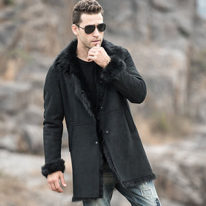 Mens Black Shearling Fur Leather Trench Coat with Hood 0003