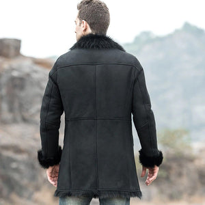 Mens Black Shearling Fur Leather Trench Coat with Hood 0005