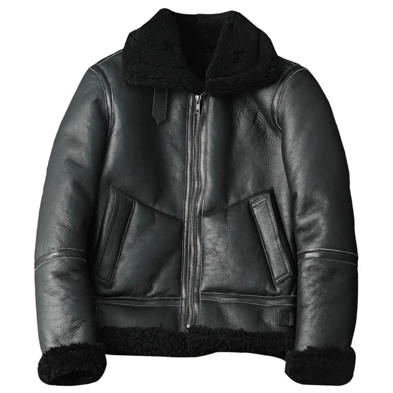 Mens Black Shearling Fur Sheepskin Motorcycle Jacket