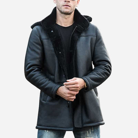 Mens Black Shearling Leather Trench Coat with Hood - Fashion Leather Jackets USA - 3AMOTO