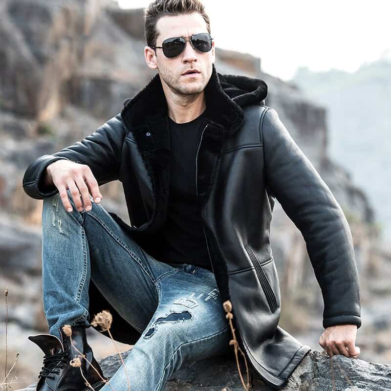 Men’s Black Shearling Leather Trench Coat with Hood