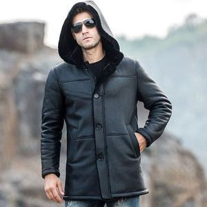 Mens Black Shearling Leather Trench Coat with Hood 0004